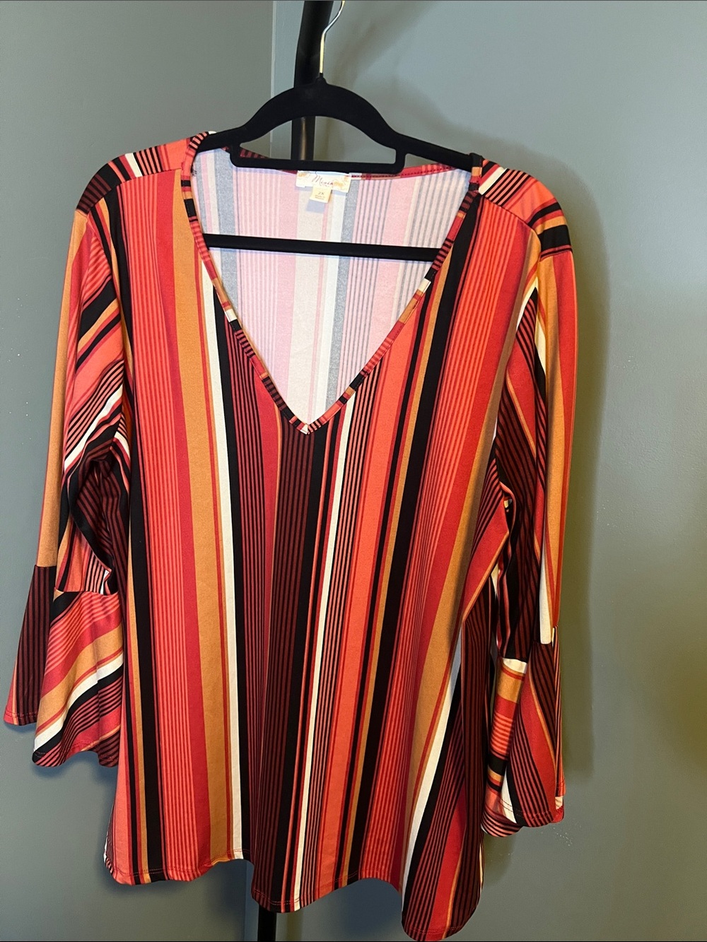 Misia V-Neck Striped Blouse in Red, Orange, Black